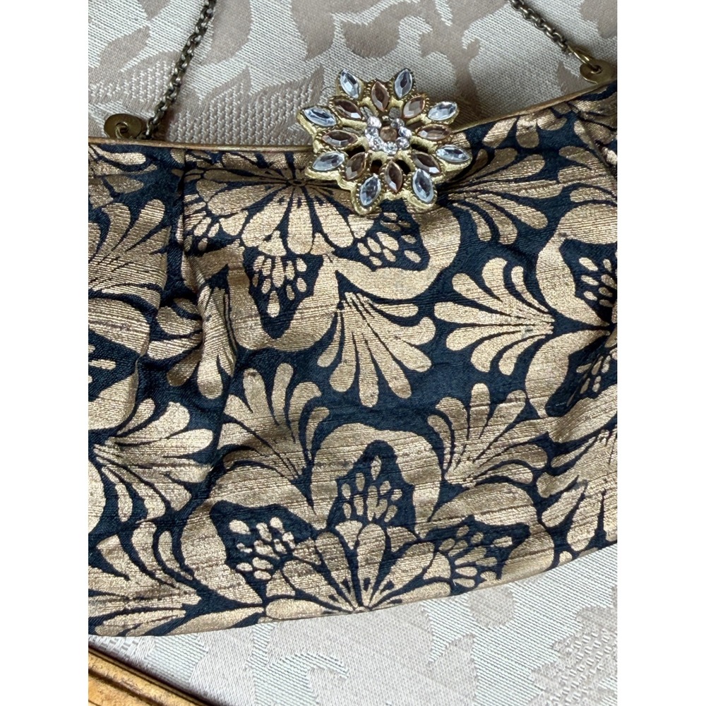 Nadia Minkoff London Gold Black Floral Brocade Silk Clutch Rhinestone Clasp